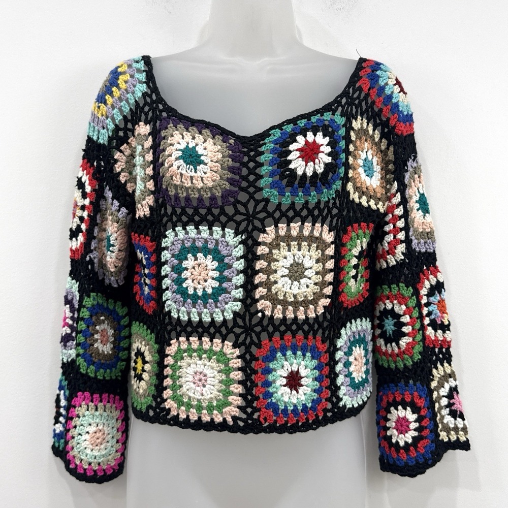 En Crème Crochet Granny Square Sweater OS Cottagecore Disco Indie Boho Open Knit